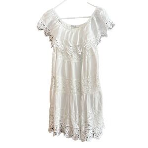 Made in Italy Lace Trim Tiered Dress Off The Shoulder Pullover Cotton Viscose